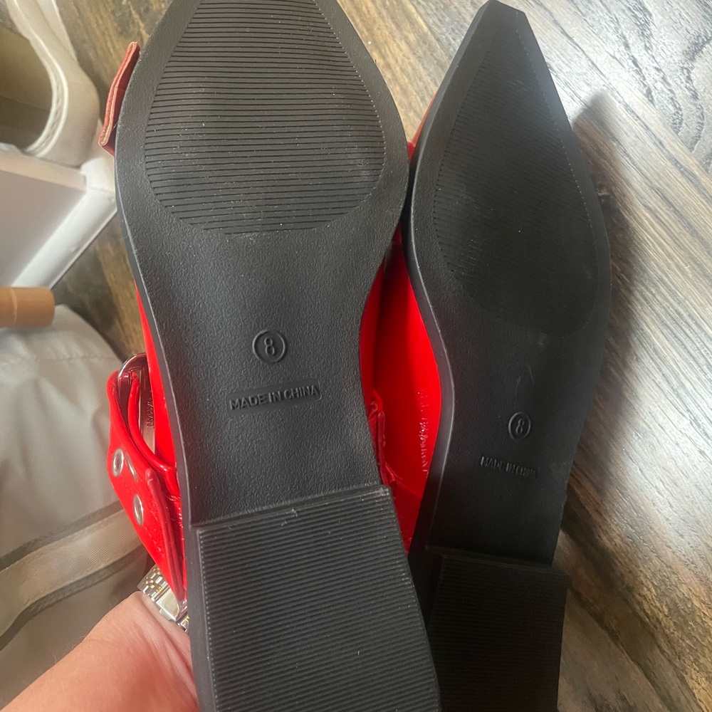 Red Patent Pointed Slingback Flats with Buckle Detail - Picture 4 of 8